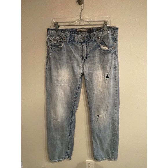 BKE Mens 34L 34x32 Tyler Straight Jeans Blue Distressed - Picture 1 of 10